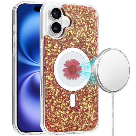 HR Premium Magnetic Ring Circle Real Flower Epoxy Glitter Hybrid Case Cover For iPhone 16 6.1 Inch - Red