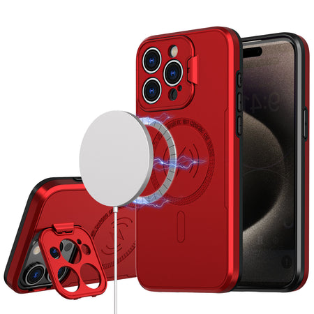 Premium Magnetic Ring Circle Camera Cap Kickstand Hybrid UV Paint Matte Finish Case For iPhone 15 - Red