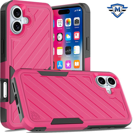 Metkase Noble Lined Shockproof Dual Layer Hybrid Case In Slide-Out Package For iPhone 16 6.1 Inch - Hot Pink/Black