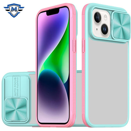 Metkase Fusion Transparent Clear Hybrid Case Cover In Premium Slide-Out Package For iPhone 13/14 - Pink/Blue