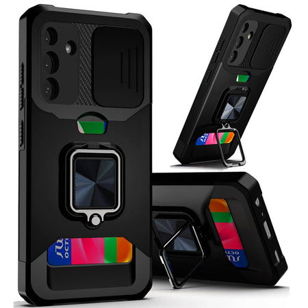 HR Premium Multi-Functional Card Magnetic Ring Stand Hybrid Camera Case Cover For Samsung A15 5G - Black