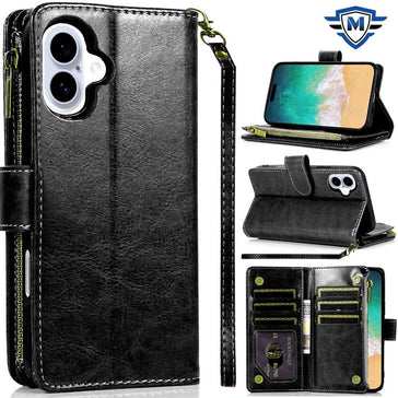 Metkase Luxury Wallet Card ID Zipper Money Holder Case In Slide-Out Package For iPhone 16 Plus 6.7 Inch - Black