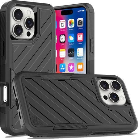 HR Premium Noble Lined Shockproof Dual Layer Hybrid Case For iPhone 16 Pro 6.3 Inch - Black/Black