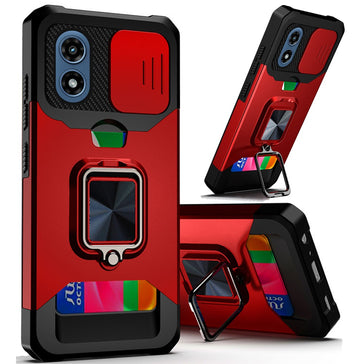 HR Premium Multi-Functional Card Magnetic Ring Stand Hybrid Camera Case Cover For Motorola Moto G Play 2024 - Red