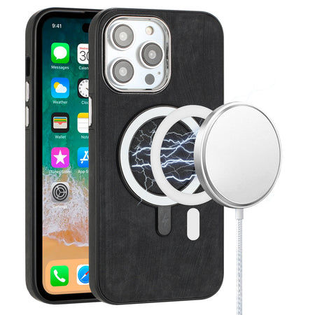 Premium Fashion Chrome Edged Camera [Magnetic Circle] Pu Leather Hybrid Case For iPhone 13/14 - Black