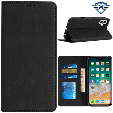 Metkase Wallet PU Vegan Leather ID Card Money Holder With Magnetic Closure In Slide-Out Package For iPhone 16 Plus 6.7 Inch - Black