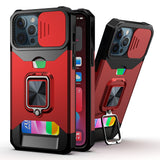 HR Premium Multi-Functional Card Magnetic Ring Stand Hybrid Camera Case Cover (Open Camera Hole) For iPhone 12 & iPhone 12 Pro - Red