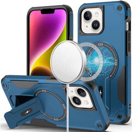 Premium Sturdy Bracket Kickstand Magnetic Hybrid Case For iPhone 13/14 - Blue