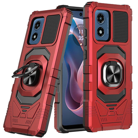 HR Premium Robotic Hybrid With Magnetic Ring Stand Case Cover For Motorola Moto G Play 2024 - Red