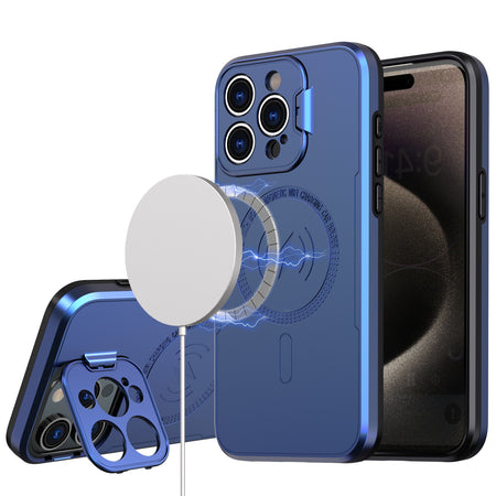 Premium Magnetic Ring Circle Camera Cap Kickstand Hybrid Uv Paint Matte Finish Case For iPhone 13/14 - Blue