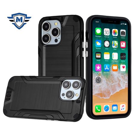 Metkase Strong Tough Metallic Design Hybrid Case In Premium Slide-Out Package For iPhone 15 Plus - Black