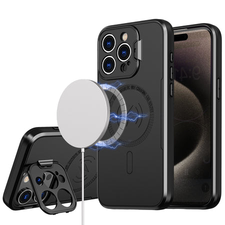 Premium Magnetic Ring Circle Camera Cap Kickstand Hybrid UV Paint Matte Finish Case For iPhone 15 - Black