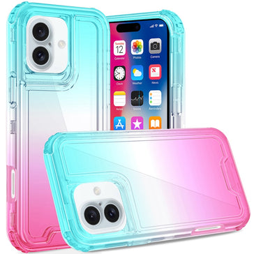 HR Premium 3-In-1 Two Tone Shockproof Transparent Hybrid Case For iPhone 16 6.1 Inch - Light Blue/Pink