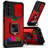 HR Premium Multi-Functional Card Magnetic Ring Stand Hybrid Camera Case Cover For Samsung A15 5G - Red