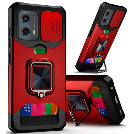 HR Premium Multi-Functional Card Magnetic Ring Stand Hybrid Camera Case Cover For Motorola Moto G Stylus 5G 2024 - Red