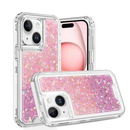 Premium Epoxy Sticker Glitter 3-In-1 Shockproof Transparent Hybrid Case For iPhone 13/14 - Pink + Light Purple