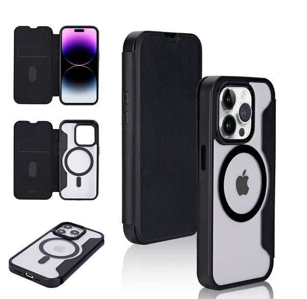 Metkase Folio Transparent [Magnetic Ring] Flap Premium Hybrid Case For Iphone 15 - Black