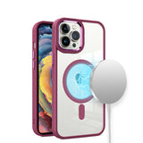 Premium Greatest Clear Acrylic [Magnetic Circle] Shockproof Tough Thick Metal Button Hybrid Case For iPhone 13/14 - Burgundy