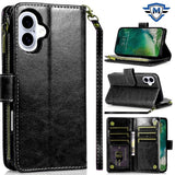 Metkase Luxury Wallet Card ID Zipper Money Holder Case In Slide-Out Package For iPhone 16 6.1 Inch - Black