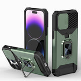 Premium Multi-Functional Card Magnetic Ring Stand Hybrid Camera Case Cover For iPhone 15 - Midnight Green