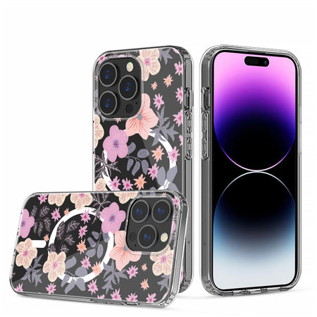 Premium Beautiful Floral [Magnetic Circle] Shockproof Transparent Hybrid Case For iPhone 13/14 - Design J