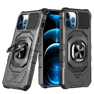 Premium Robotic Hybrid With Magnetic Ring Stand Case Cover For iPhone 12 Pro Max 6.7 - Black