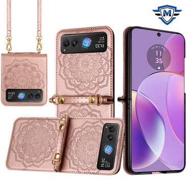 Metkase Embossed Floral Design Case Cover With Strap In Slide-Out Package For Motorola Razr 2024 - Rose Gold