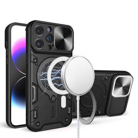 HR Premium Magnetic Ring Stand Classic Design Full Camera Protection Hybrid Case For iPhone 12 & iPhone 12 Pro - Black