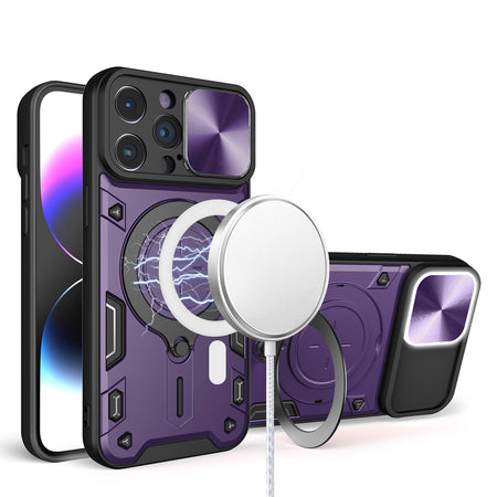 HR Premium Magnetic Ring Stand Classic Design Full Camera Protection Hybrid Case For iPhone 12 & iPhone 12 Pro - Dark Purple