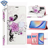 Metkase Design Wallet ID Credit Card Money Holder With Magnetic Metal Closure Including Lanyard For Samsung A15 5G - Purple Lily