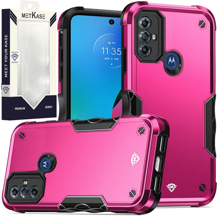 Metkase Exquisite Tough Shockproof Hybrid Case In Slide-Out Package For Moto G Play (2023) - Hot Pink/Black