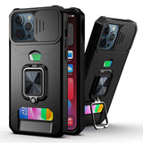 Hybrid Camera Case For iPhone 11 - Black - Multi-Functional Card Magnetic Ring Stand Wild Flag